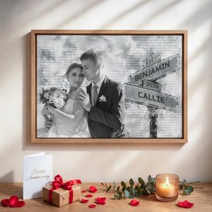 Pittura personalizzata su tela fotografica in bianco e nero con nome e anno, espositore da parete, decorazione per la casa, nave da USA, regalo per la coppia di sposi per il giorno dell'anniversario.