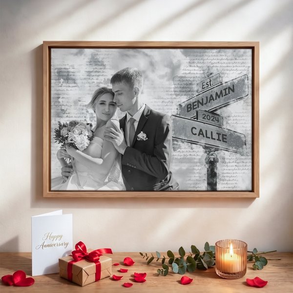 Personalized Black and White Photo Canvas Painting with Name and Year Wall Displays Home Decor Ship from USA Anniversary Day Gift for Couple Newlywed