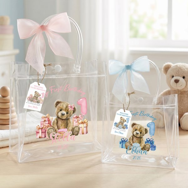 Personalised Teddy Bear Themed Transparent Gift Bag with Name Year Bow Ribbon and Card Birthday Party Decor 1st Birthday Baby Shower Gift for Baby