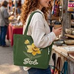 Personalised Applique Patch Style Birth Flower Name Large Capacity Corduroy Tote Bag Daily Use Birthday Travel Graduation Gift for Her