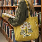 Personalised Applique Patch Style Birth Flower Name Large Capacity Corduroy Tote Bag Daily Use Birthday Travel Graduation Gift for Her