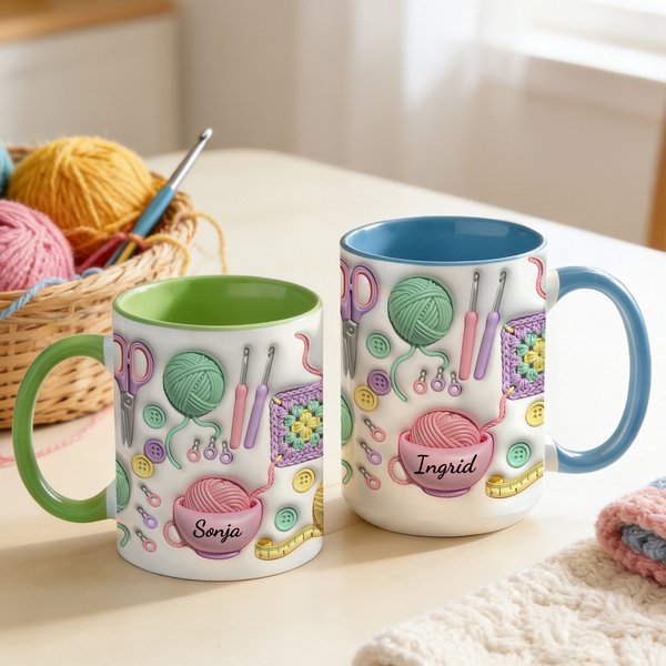 Personlig keramisk mugg med garn och virknålar med underlägg och namn morsdagspresent till mamma och mormor som älskar att sticka