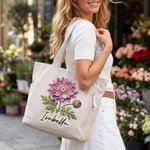 Personalised Applique Patch Style Birth Flower Name Large Capacity Corduroy Tote Bag Daily Use Birthday Travel Graduation Gift for Her