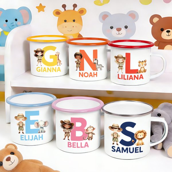 Tazza smaltata personalizzata Cartoon Safari Kid Character Animal Initial da 12 oz con nome Regalo di compleanno per ragazzi e ragazze per uso quotidiano