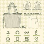 Personalized Birth Flower Large Capacity Corduroy Tote Bag with Name Daily Use Commuting Travel Birthday Gift for Women Office Workers