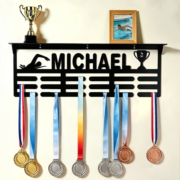 Présentoir de médailles de sport personnalisé avec nom Décoration murale de souvenirs de sport Cadeau de jour de match pour l'amateur de sport, l'athlète et l'adolescent