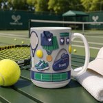 Personalized Tennis Racket Sport Equipment 11 oz 15 oz Ceramic Mug with Name and Coaster Daily Use Tennis Game Day Gift for Tennis Players Lovers