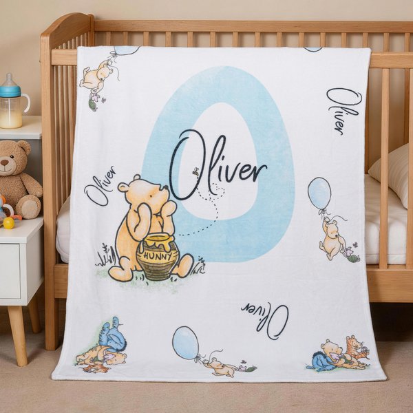 Personalized Soft Classic Winnie the Pooh Fleece Throw Blanket with Name and Initial Baby Shower Receiving Gift for Newborns