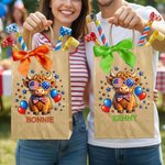 Personalized Cute Highland Cow American Flag Bow Reusable Kraft Paper Gift Bags with Name American Independence Day Gift for Americans