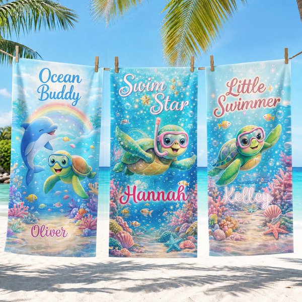 Personalisierte Cartoon Meeresschildkröte Meerestiere schnell trocknen überdimensioniert Strand Handtuch mit Namen Strand Party Sommer Urlaub Geschenk für Kinder