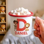 Tazza smaltata personalizzata Cartoon Safari Kid Character Animal Initial da 12 oz con nome Regalo di compleanno per ragazzi e ragazze per uso quotidiano