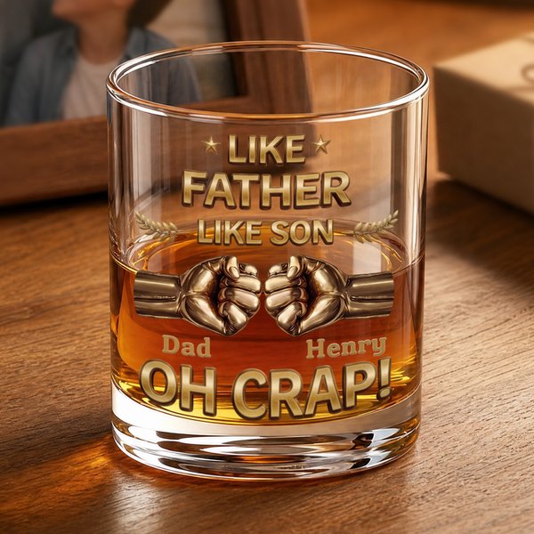 Personalized Like Father Like Son Fist Bump 10 oz Rock Whiskey Glass with Name Father's Day Birthday Gift for Father Whiskey Lover