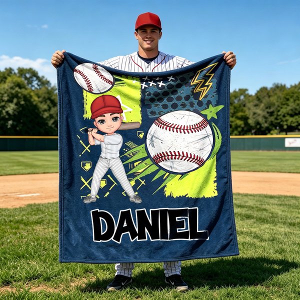 Personalized Multicolor Cartoon Character Baseball Softball Soft Throw Blanket with Name Home Decor Team Birthday Gift for Baseball Softball Lover