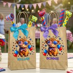 Personalized Cute Highland Cow American Flag Bow Reusable Kraft Paper Gift Bags with Name American Independence Day Gift for Americans