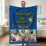 Personalised Hooked On Being Papa Fishing Soft Throw Blanket with 2-6 Photos Home Decor Grandparents' Day Father's Day Gift for Dad Grandpa