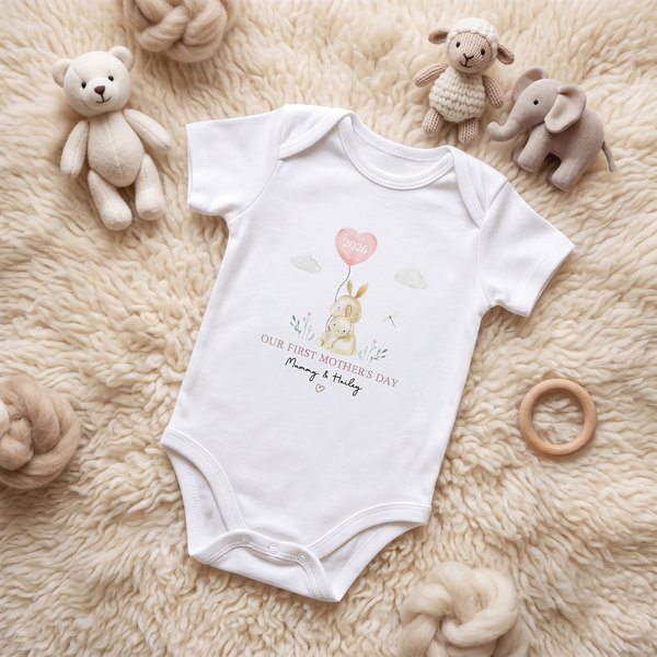 Personalised Cartoon Rabbit 100% Cotton Baby Bodysuit Romper Bib Booties Set with Text and Year First Mother's Day Gift for Newborn Baby