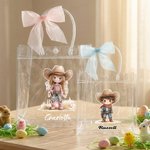 Personalised Cartoon Cowboy Cowgirl Clear Tote Bag with Bow Ribbon and Name Outdoor Activities Essential Birthday Gift for Boys Girls