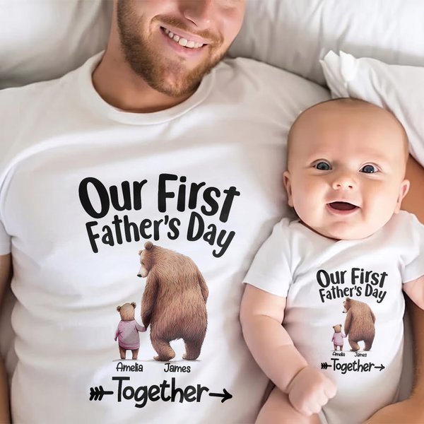 Personalized Cute Bears Hand in Hand 100% Cotton T-Shirt Baby Bodysuit with Name Our First Father's Day Gift for Daddy Baby