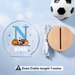 Personalized Sports Patterns Acrylic Night Light with Initial Name and Wooden Base Desk Decor Birthday Gift for Sports Lovers Kids
