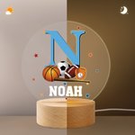 Personalized Sports Patterns Acrylic Night Light with Initial Name and Wooden Base Desk Decor Birthday Gift for Sports Lovers Kids