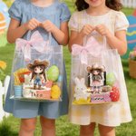 Personalised Cartoon Cowboy Cowgirl Clear Tote Bag with Bow Ribbon and Name Outdoor Activities Essential Birthday Gift for Boys Girls
