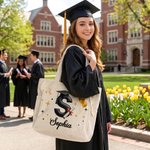 Personalized Graduation Cap Initial Large Capacity Corduroy Tote Bag with Name and Year Graduation Gift for Graduates