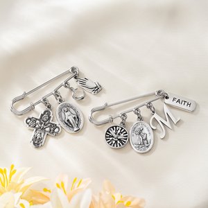Personalised Birthstone Catholic Saint Pin with Initial Dainty Jewellery Confirmation Keepsake Communion Birthday Gift for Catholics