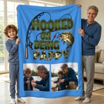 Personalised Hooked On Being Papa Fishing Soft Throw Blanket with 2-6 Photos Home Decor Grandparents' Day Father's Day Gift for Dad Grandpa