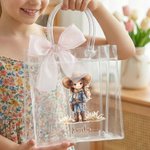 Personalised Cartoon Cowboy Cowgirl Clear Tote Bag with Bow Ribbon and Name Outdoor Activities Essential Birthday Gift for Boys Girls