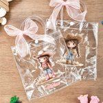 Personalised Cartoon Cowboy Cowgirl Clear Tote Bag with Bow Ribbon and Name Outdoor Activities Essential Birthday Gift for Boys Girls