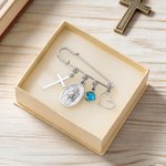Personalised Birthstone Catholic Saint Pin with Initial Dainty Jewellery Confirmation Keepsake Communion Birthday Gift for Catholics