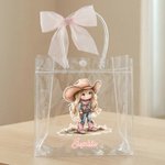 Personalised Cartoon Cowboy Cowgirl Clear Tote Bag with Bow Ribbon and Name Outdoor Activities Essential Birthday Gift for Boys Girls