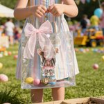 Personalised Cartoon Cowboy Cowgirl Clear Tote Bag with Bow Ribbon and Name Outdoor Activities Essential Birthday Gift for Boys Girls