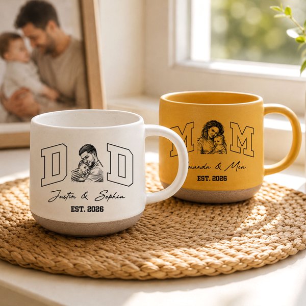 Personalized Vintage Black and White Line Art Photo 12 oz Ceramic Mug with Name and Year Daily Home Office Use Father's Day Birthday Gift for Parents