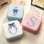 Personalized Toile De Jouy Bow PU Leather Portable Jewelry Box with Letter Travel Birthday Anniversary Gift for Women Girls