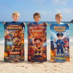 Personalized Cartoon Firefighter Police Officer Style Quick Dry Beach Towel with Name Summer Vacation Beach Party Gift for Kids