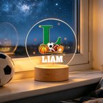 Personalized Sports Patterns Acrylic Night Light with Initial Name and Wooden Base Desk Decor Birthday Gift for Sports Lovers Kids
