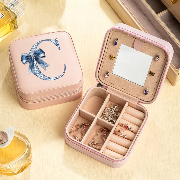 Personalized Toile De Jouy Bow PU Leather Portable Jewelry Box with Letter Travel Birthday Anniversary Gift for Women Girls