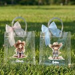 Personalised Cartoon Cowboy Cowgirl Clear Tote Bag with Bow Ribbon and Name Outdoor Activities Essential Birthday Gift for Boys Girls