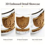 Personalized 3D Embossed Crown Shield Family Crest Whiskey Glass with Initial and Name Father's Day Birthday Gift for Dad Husband
