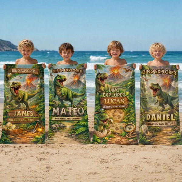 Personalized Jungle Adventure Dinosaur Quick Dry Oversized Beach Towel with Name Travel Essential Summer Vacation Birthday Gift for Kids