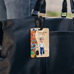 Étiquette de bagage personnalisée avec personnage et nom - Style de carte rétro - Cadeau de voyage pour la famille et les amis
