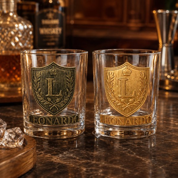 Personalized 3D Embossed Crown Shield Family Crest Whiskey Glass with Initial and Name Father's Day Birthday Gift for Dad Husband