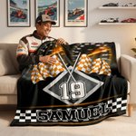 Personalized Racing Checkered Flag Soft Throw Blanket with Name and Number Home Decor Race Day Birthday Gift for Men Race Lovers