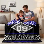 Personalized Racing Checkered Flag Soft Throw Blanket with Name and Number Home Decor Race Day Birthday Gift for Men Race Lovers