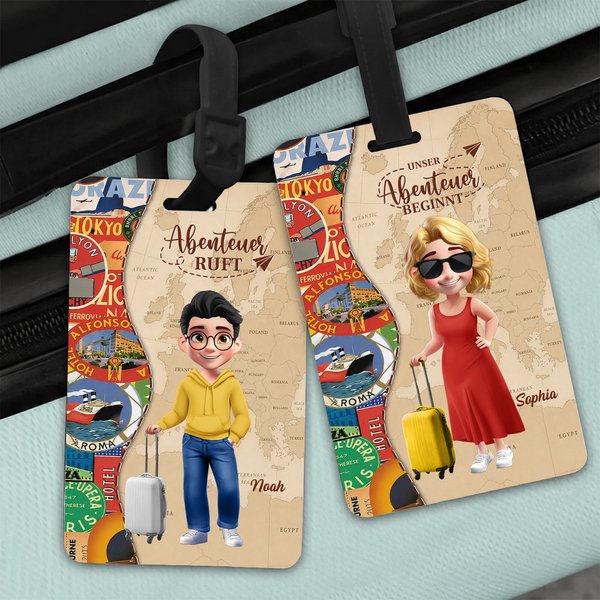 Personalisierter Kofferanhänger mit Cartoon-Figur Namen | Reisesticker-Design | Reisezubehör | Geburtstag Geschenk für Weltenbummler Freunde Familie