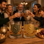 Personalized 3D Embossed Crown Shield Family Crest Whiskey Glass with Initial and Name Father's Day Birthday Gift for Dad Husband