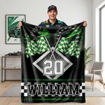 Personalized Racing Checkered Flag Soft Throw Blanket with Name and Number Home Decor Race Day Birthday Gift for Men Race Lovers