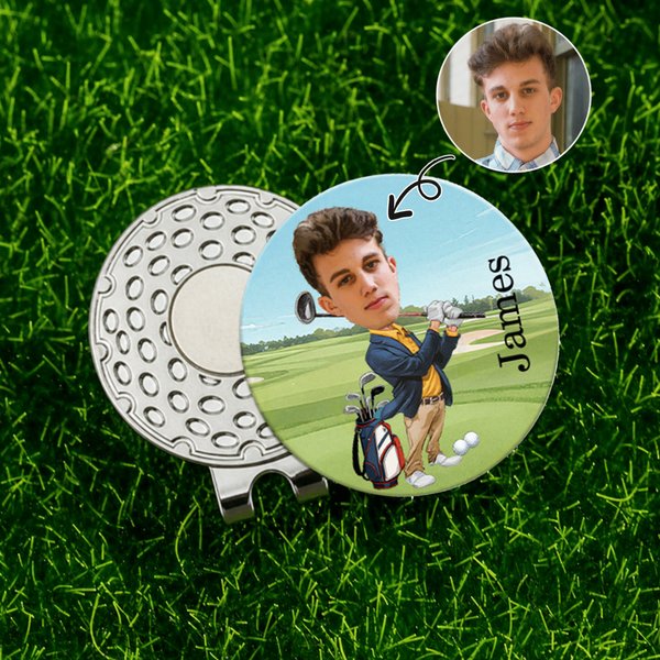 Gepersonaliseerde gezichtsfoto Cartoon Karakter Golfbal Marker Magnetische Hoed Clip met Naam Verjaardag Game Day Gift voor Golfspeler