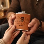 Personalisierte Foto Design 6 oz Edelstahl Schnaps Flachmann mit PU-Lederabdeckung und Name Vatertag Geburtstag Geschenk für Mann
